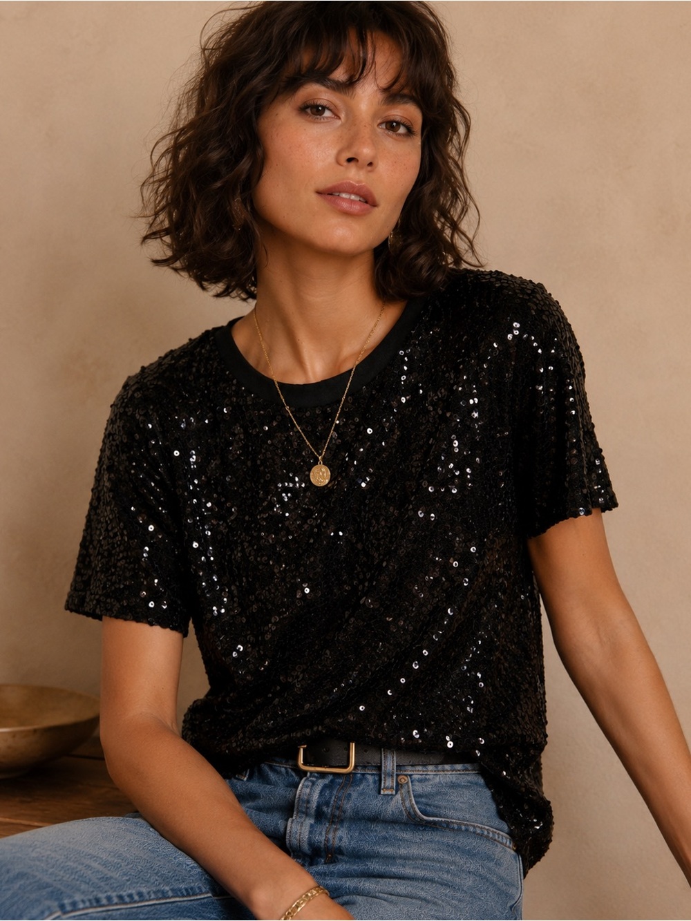 Black Sequin Short-Sleeve Crewneck Tee - Sparkle Everyday